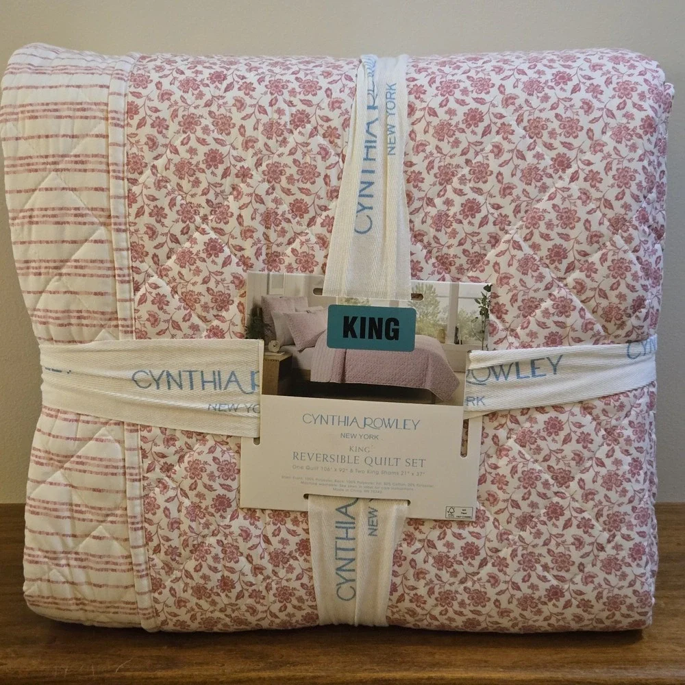 Cynthia Rowley King Pink Floral Striped Reversible Quilt Set Bedding With Shams